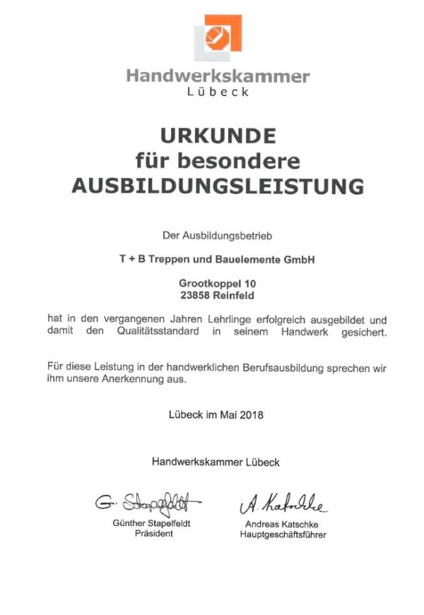 Urkunde für besondere Ausbildungsleistung